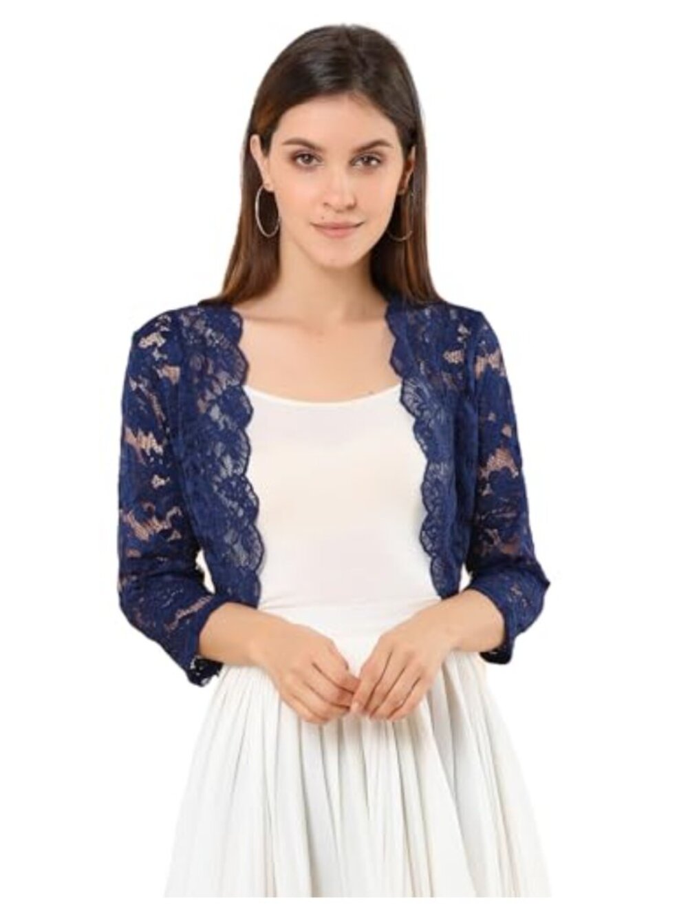 Elegant Sheer Floral Lace 3/4 Sleeve Open Front Shrug Bolero Top
